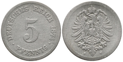 ГЕРМАНИЯ 5 ПФЕННИГОВ 1874 F, СТАРОГЕРБОВКА KM 3, J. 3 медно-никель 39-314