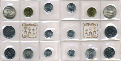 Сан-Марино годовой набор из 8 монет 1972 1, 2, 5, 10, 20, 50, 100 и 500 лир мать поднимает ребенка в воздух KM 14-21, в оригинальной пластиковой запайке серебро KM MS1 серебро UNC 5-4-3-58