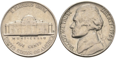 США 5 центов 1964 D, Джефферсон KM А192 медно-никель 92-1126