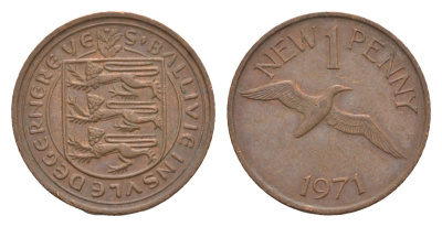 Гернси 1 новый пенни 1971 Елизавета II (1952-2022), северная олуша в полете KM 21 бронза 4659-568