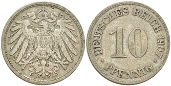 Германия 10 пфеннигов 1907 D KM 12, J. 13, Weege 8 медно-никель 259-921