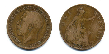 Великобритания 1 пенни 1920 Георг V (1910-1936) КМ 810, Spink 4051 бронза 47-333