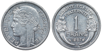 Франция 1 франк 1957 В KM 885а.2, Le Franc 221.20 алюминий 4128-337