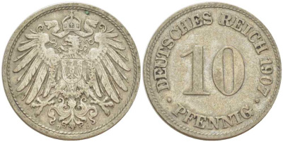 Германия 10 пфеннигов 1907 D KM 12, J. 13, Weege 8 медно-никель 259-921