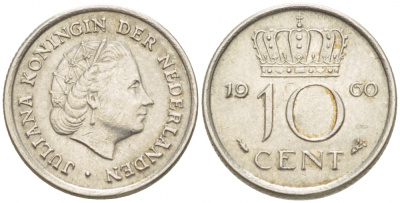 Нидерланды 10 центов 1960 Юлиана (1949-1980) KM 182 никель 4547-832