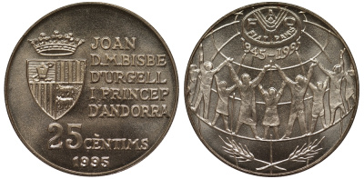 Андорра 25 сантимов 1995 50 лет продовольственной программе FAO KM 109 медно-никель UNC M22-10