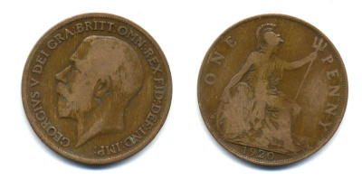 Великобритания 1 пенни 1920 Георг V (1910-1936) КМ 810, Spink 4051 бронза 47-333