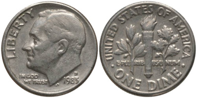 США 10 ЦЕНТОВ = 1 ДАЙМ 1983 D, РУЗВЕЛЬТ KM 195а медь плакированная медно-никелем 4396-341