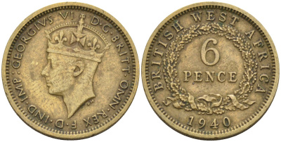 Британская Западная Африка 6 пенсов 1940 Георг VI (1936-1952) KM 22 никель-латунь 4588-663