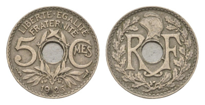 Франция 5 сантимов 1925 KM 875 медно-никель 4623-834