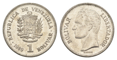 Венесуэла 1 боливар 1989 Симон Боливар, тонкий шрифт Y 52a.1 сталь плакированная никелем 4662-841