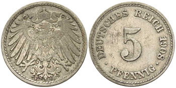 Германия 5 пфеннигов 1908 F KM 11, Jager 12, Weege 6 медно-никель 206-1225