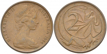 Австралия 2 цента 1966 Елизавета II (1952-), плащеносная ящерица KM 63 бронза 3457-622