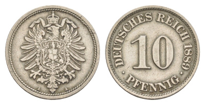 Германия 10 пфеннигов 1889 A, Вильгельм II (1888-1918) KM 4, J. 4 медно-никель 4164-428