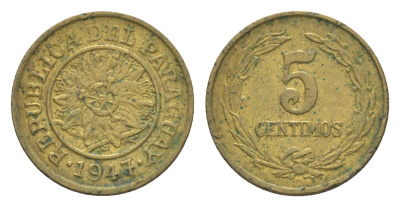 Парагвай 5 сентимо 1947 KM 21 алюминиевая бронза 4643-361