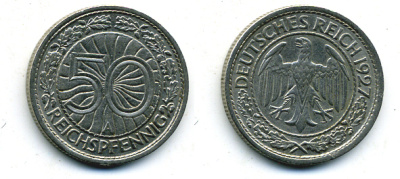 Германия 50 рейхспфеннигов 1927 A KM 49, J. 324 никель 58-116