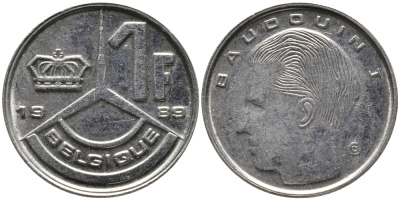 Бельгия 1 франк 1989 Belgique, Бодуэн I (1951-1993) KM 170 железо плакированное никелем 99-1222