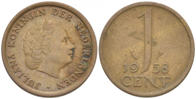 НИДЕРЛАНДЫ 1 ЦЕНТ 1958 ЮЛИАНА KM 180 бронза 3955-243
