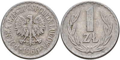 Польша 1 злотый 1966 MW KM 49.1 алюминий    4187-356