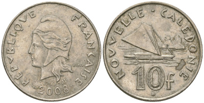 Французская Новая Каледония 10 франков 2008 рыбачья парусная лодка, (IEOM) KM 11a, Schoen 13a, Lec 99k медно-никель 60-343