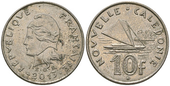 Французская Новая Каледония 10 франков 2013 рыбачья парусная лодка, (IEOM) KM 11a, Schoen 13a, Lec 99k медно-никель 67-245