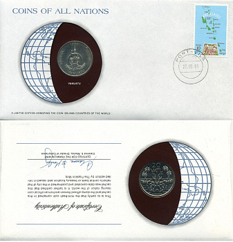Вануату 20 вату 1983 конверт с маркой первого дня гашения, Coins of Nations KM 7 медно-никель UNC 4294-54-2