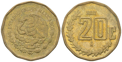 Мексика 20 сентаво 2002 M KM 548 алюминиевая бронза 4598-752