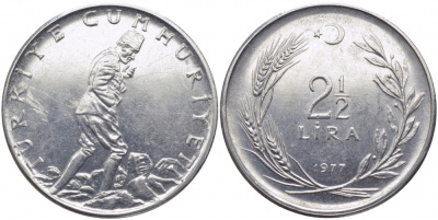 ТУРЦИЯ 2 1/2 ЛИРЫ 1977 KM 893.2 сталь 111-724