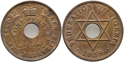 Нигерия 1 пенни 1959 Елизавета II (1952-), Британский протекторат KM 2 бронза 51-2227