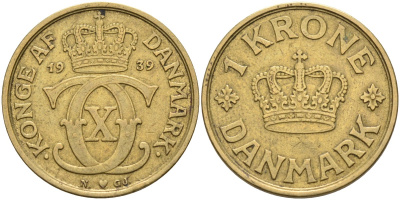 Дания 1 крона 1939 HCN; GJ, Кристиан X (1912-1947) KM 824.2 алюминиевая бронза 4587-1115