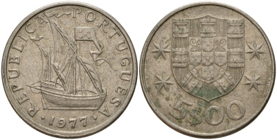 Португалия 5 эскудо 1977 KM 591 медно-никель 4156-544