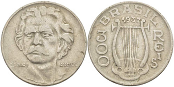 БРАЗИЛИЯ 300 РЕЙС 1937 БРАЗИЛЬСКИЙ КОМПОЗИТОР АНТОНИО КАРЛОС ГОМЕС (1836-1896), АРФА KM 538 медно-никель 4529-614