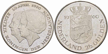Нидерланды 2 1/2 гульдена 1980 коронация Беатрикс, 30 апреля 1980 KM 201 никель 32-514