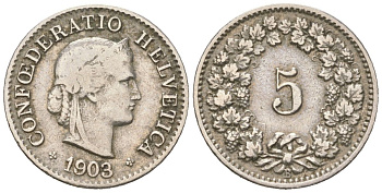 Швейцария 5 раппенов 1903 B KM 26 медно-никель 4160-132