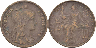 ФРАНЦИЯ 10 САНТИМОВ 1916 ТИП ДАНИЭЛЬ ДЮПЮИ, INCLUS KM 843, LA FRANC 136.28 бронза 109-422