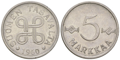 Финляндия 5 марок 1960 KM 37a железо плакированная никелем 4169-334