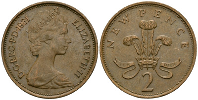 Великобритания 2 пенса 1981 Елизавета II (1952-2022) KM 916, Spink 4235 (C1) бронза 4138-754