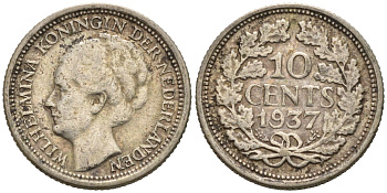 Нидерланды 10 центов 1937 Вильгельмина I (1890-1948) КМ 163 серебро 75-944