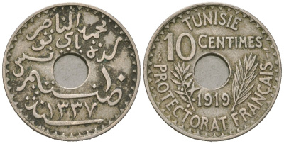 Тунис 10 сантимов 1919 АН 1337, Французский протекторат (1890-1959) KM 243 никель латунь 4615-537
