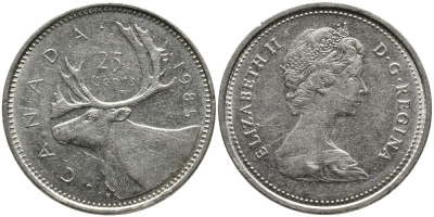 КАНАДА 25 ЦЕНТОВ 1985 ЕЛИЗАВЕТА II (1952-), ОЛЕНЬ, ВТОРОЙ ПОРТРЕТ В КОРОНЕ KM 74 никель 4543-747