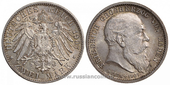 Баден 2 марки 1907 G, на смерть Фридриха I (1856-1907), Weege 36, J. 36, KM 278 серебро UNC 413-6324