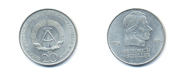 ГДР 20 марок 1972 А, Фридрих Шиллер (1759-1805) KM 40 медно-никель 3333-814