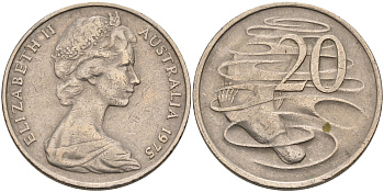 Австралия 20 центов 1975 Елизавета II (1952-2022), утконос KM 66 медно-никель 4590-534