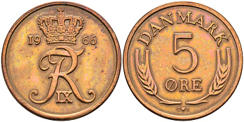 Дания 5 эре 1966 С. S, Фредерик IX (1947-1972) КМ 848.1 бронза    4177-156