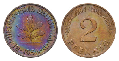 ФРГ 2 пфеннига 1958 F KM 106, J. 381 бронза 4682-1054