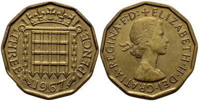 Великобритания 3 пенса 1967 Елизавета II (1952-2022) KM 900, Spink 4153 никель латунь 46-2652