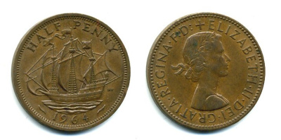 Великобритания 1/2 пенни 1964 Елизавета II (1952-2022) KM 896, Spink 4158 бронза 56-922