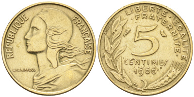 Франция 5 сантимов  1966 тип Марианна KM 933 никель алюминий медь 4115-251