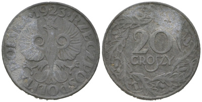 Польша 20 грошей 1923 w, Германская оккупация, вторая мировая война KM 37 цинк 4615-829