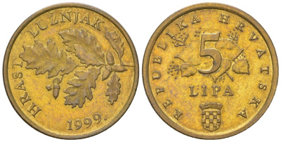 Хорватия 5 лип 1999 нечетный год KM 5 сталь плакированная латунью  UNC  4124-846